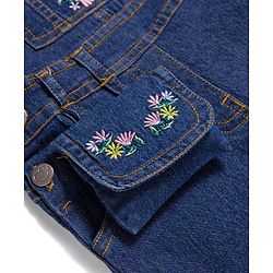 Babyhug Single Jersey Knit Denim Dungaree & Half Sleeves T-Shirt With Floral Print - White & Blue