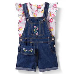 Babyhug Single Jersey Knit Denim Dungaree & Half Sleeves T-Shirt With Floral Print - White & Blue