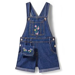 Babyhug Single Jersey Knit Denim Dungaree & Half Sleeves T-Shirt With Floral Print - White & Blue