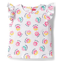 Babyhug Single Jersey Knit Denim Dungaree & Half Sleeves T-Shirt With Floral Print - White & Blue