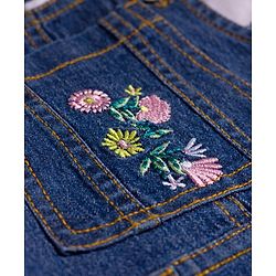 Babyhug Single Jersey Knit Denim Dungaree & Half Sleeves T-Shirt With Floral Print - White & Blue
