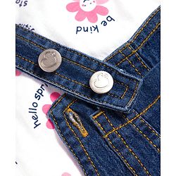 Babyhug Single Jersey Knit Denim Dungaree & Half Sleeves T-Shirt With Floral Print - White & Blue