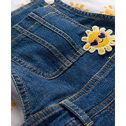 Babyhug Single Jersey Knit Cap Sleeves Sun Printed Tee & Denim Dungaree Set with Embroidery - Blue & White