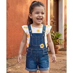 Babyhug Single Jersey Knit Cap Sleeves Sun Printed Tee & Denim Dungaree Set with Embroidery - Blue & White