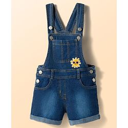 Babyhug Single Jersey Knit Cap Sleeves Sun Printed Tee & Denim Dungaree Set with Embroidery - Blue & White