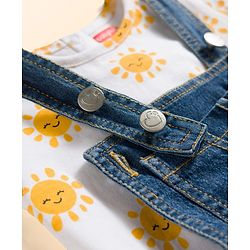 Babyhug Single Jersey Knit Cap Sleeves Sun Printed Tee & Denim Dungaree Set with Embroidery - Blue & White