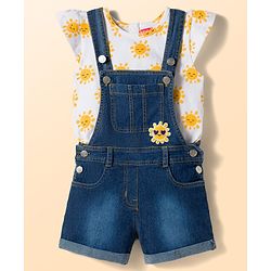 Babyhug Single Jersey Knit Cap Sleeves Sun Printed Tee & Denim Dungaree Set with Embroidery - Blue & White
