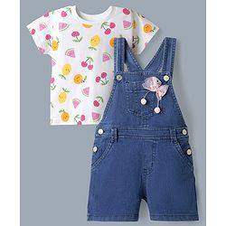 Babyhug 100% Cotton Single Jersey Denim Dungaree & Knit Fruits Printed Half Sleeves T-Shirt -White