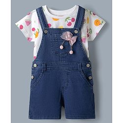 Babyhug 100% Cotton Single Jersey Denim Dungaree & Knit Fruits Printed Half Sleeves T-Shirt -White
