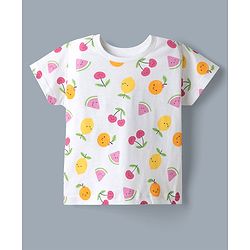 Babyhug 100% Cotton Single Jersey Denim Dungaree & Knit Fruits Printed Half Sleeves T-Shirt -White