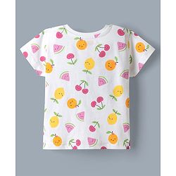 Babyhug 100% Cotton Single Jersey Denim Dungaree & Knit Fruits Printed Half Sleeves T-Shirt -White
