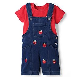 Babyhug 100% Cotton Single Jersey Knit Strawberry Embroidered Dungaree With Half Sleeves Inner Tee - Red & Blue