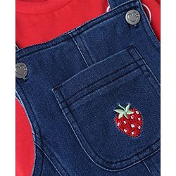 Babyhug 100% Cotton Single Jersey Knit Strawberry Embroidered Dungaree With Half Sleeves Inner Tee - Red & Blue