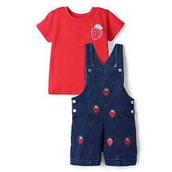 Babyhug 100% Cotton Single Jersey Knit Strawberry Embroidered Dungaree With Half Sleeves Inner Tee - Red & Blue