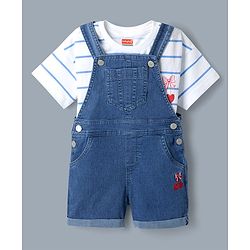 Babyhug 100% Cotton Single Jersey Denim Dungaree & Knit Striped Half Sleeves T-Shirt with Heart Print & Embroidery- Blue