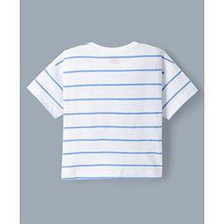 Babyhug 100% Cotton Single Jersey Denim Dungaree & Knit Striped Half Sleeves T-Shirt with Heart Print & Embroidery- Blue