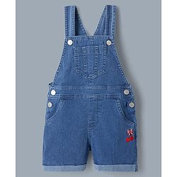 Babyhug 100% Cotton Single Jersey Denim Dungaree & Knit Striped Half Sleeves T-Shirt with Heart Print & Embroidery- Blue