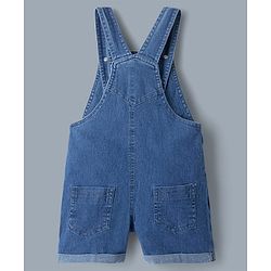 Babyhug 100% Cotton Single Jersey Denim Dungaree & Knit Striped Half Sleeves T-Shirt with Heart Print & Embroidery- Blue