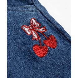 Babyhug 100% Cotton Single Jersey Denim Dungaree & Knit Striped Half Sleeves T-Shirt with Heart Print & Embroidery- Blue