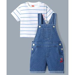 Babyhug 100% Cotton Single Jersey Denim Dungaree & Knit Striped Half Sleeves T-Shirt with Heart Print & Embroidery- Blue