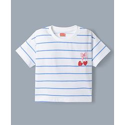 Babyhug 100% Cotton Single Jersey Denim Dungaree & Knit Striped Half Sleeves T-Shirt with Heart Print & Embroidery- Blue