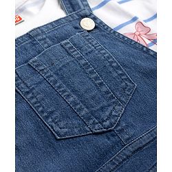 Babyhug 100% Cotton Single Jersey Denim Dungaree & Knit Striped Half Sleeves T-Shirt with Heart Print & Embroidery- Blue