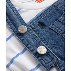 Babyhug 100% Cotton Single Jersey Denim Dungaree & Knit Striped Half Sleeves T-Shirt with Heart Print & Embroidery- Blue