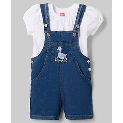 Babyhug 100% Cotton Single Jersey Knit Denim Half Sleeves Polka Dot Printed Tee With Duck Patch Dungaree - White & Navy