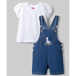 Babyhug 100% Cotton Single Jersey Knit Denim Half Sleeves Polka Dot Printed Tee With Duck Patch Dungaree - White & Navy
