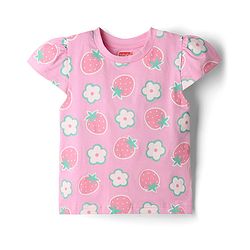 Babyhug 100% Cotton Single Jersey Woven Half Sleeves T-Shirt & Dungaree With Strawberry Print- Pink