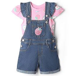 Babyhug 100% Cotton Single Jersey Woven Half Sleeves T-Shirt & Dungaree With Strawberry Print- Pink