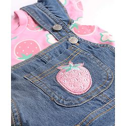 Babyhug 100% Cotton Single Jersey Woven Half Sleeves T-Shirt & Dungaree With Strawberry Print- Pink
