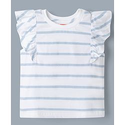 Babyhug 100% Cotton Single Jersey Knit Half Frill Sleeves Striped Top & Denim Dunagree Set With Strawberry & Floral Embroidery - White & Blue