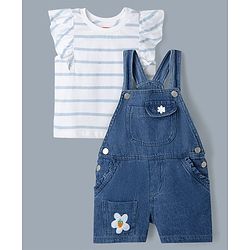 Babyhug 100% Cotton Single Jersey Knit Half Frill Sleeves Striped Top & Denim Dunagree Set With Strawberry & Floral Embroidery - White & Blue