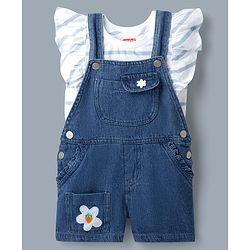 Babyhug 100% Cotton Single Jersey Knit Half Frill Sleeves Striped Top & Denim Dunagree Set With Strawberry & Floral Embroidery - White & Blue