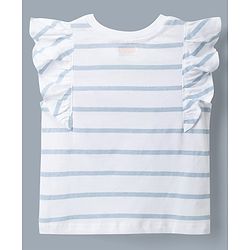 Babyhug 100% Cotton Single Jersey Knit Half Frill Sleeves Striped Top & Denim Dunagree Set With Strawberry & Floral Embroidery - White & Blue