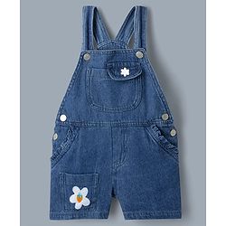 Babyhug 100% Cotton Single Jersey Knit Half Frill Sleeves Striped Top & Denim Dunagree Set With Strawberry & Floral Embroidery - White & Blue
