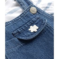 Babyhug 100% Cotton Single Jersey Knit Half Frill Sleeves Striped Top & Denim Dunagree Set With Strawberry & Floral Embroidery - White & Blue