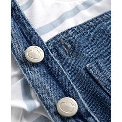 Babyhug 100% Cotton Single Jersey Knit Half Frill Sleeves Striped Top & Denim Dunagree Set With Strawberry & Floral Embroidery - White & Blue