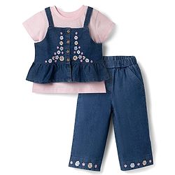 Babyhug Denim Half Sleeves Top & Pant Set With Inner Tee & Floral Embroidery - Navy Blue & Pink