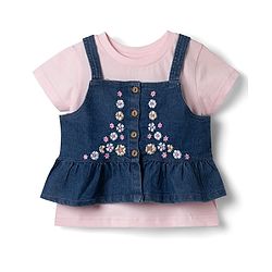 Babyhug Denim Half Sleeves Top & Pant Set With Inner Tee & Floral Embroidery - Navy Blue & Pink