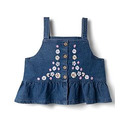 Babyhug Denim Half Sleeves Top & Pant Set With Inner Tee & Floral Embroidery - Navy Blue & Pink
