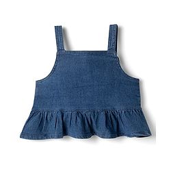 Babyhug Denim Half Sleeves Top & Pant Set With Inner Tee & Floral Embroidery - Navy Blue & Pink