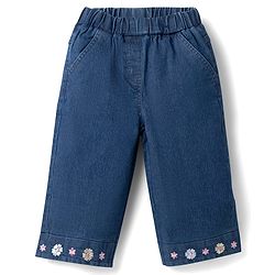 Babyhug Denim Half Sleeves Top & Pant Set With Inner Tee & Floral Embroidery - Navy Blue & Pink