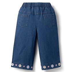 Babyhug Denim Half Sleeves Top & Pant Set With Inner Tee & Floral Embroidery - Navy Blue & Pink