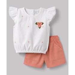 Babyhug Cotton Woven Half Sleeves Top & Shorts Set With Floral Applique - White & Peach