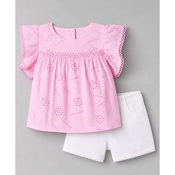 Babyhug Cotton Woven Half Frill Sleeves Schifilli Top & Shorts Set With Lace Detailing - Pink & White