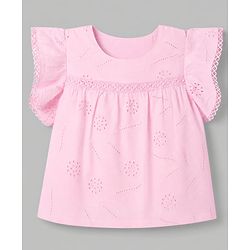 Babyhug Cotton Woven Half Frill Sleeves Schifilli Top & Shorts Set With Lace Detailing - Pink & White
