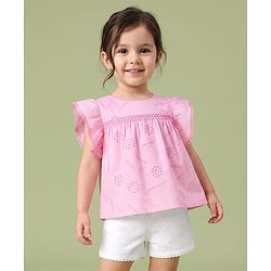 Babyhug Cotton Woven Half Frill Sleeves Schifilli Top & Shorts Set With Lace Detailing - Pink & White