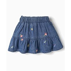 Babyhug Single Jersey Knit Half Frill Sleeves Floral Embroidered Top & Denim Skirt Set - White & Navy Blue